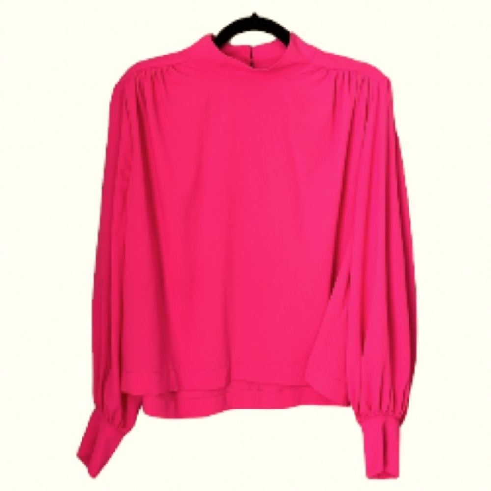 Cara Santana X Apartment 9 neon pink  mockneck shirred blouse